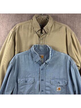 Carhartt FR Shirts Bundle of 2 Flame Resistant Workwear Men Large Khaki Blue